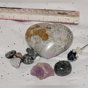 3" Ocean Jasper Heart, Raw Amethyst, Moss Agate, Greenish Blue Fluorite Rose